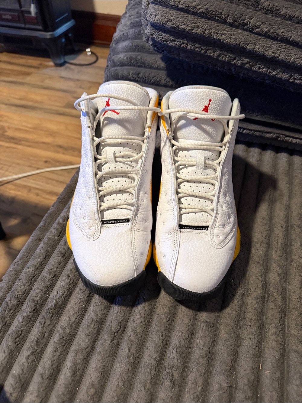 Jordan White Sneakers with Yellow Accents and Red Jumpman